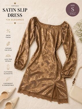 Y2K Bronze Satin Floral Jacquard Mini Dress | Puff Sleeve | Lace Trim | Size S